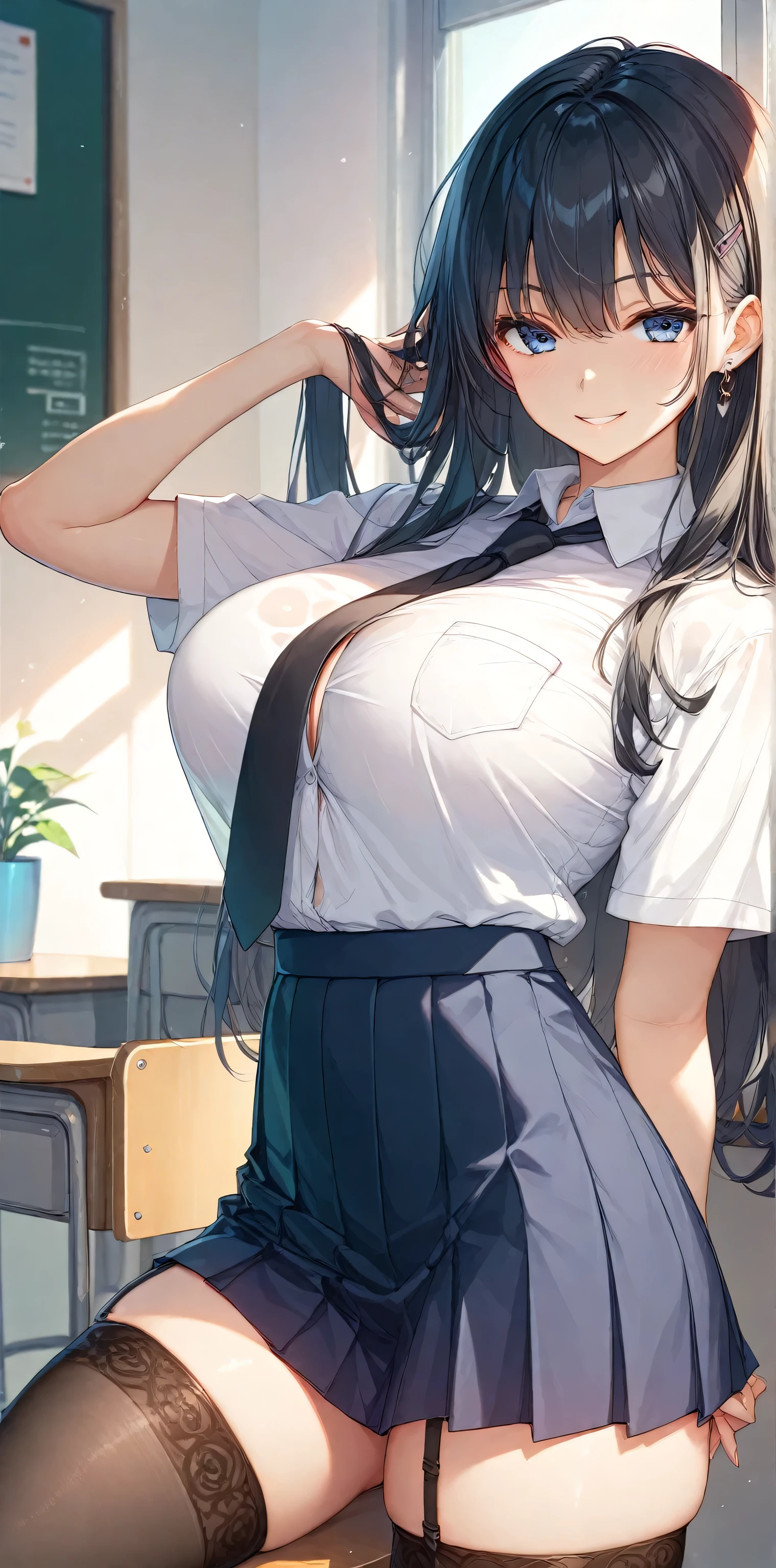 One Girl、Black Hair、Long Hair、Straight Hair、high school student、smile、Dark blue eyes、Big eyes、shirt、Background School, big breasts, black tie, stockings, perfect eyes, perfect fingers