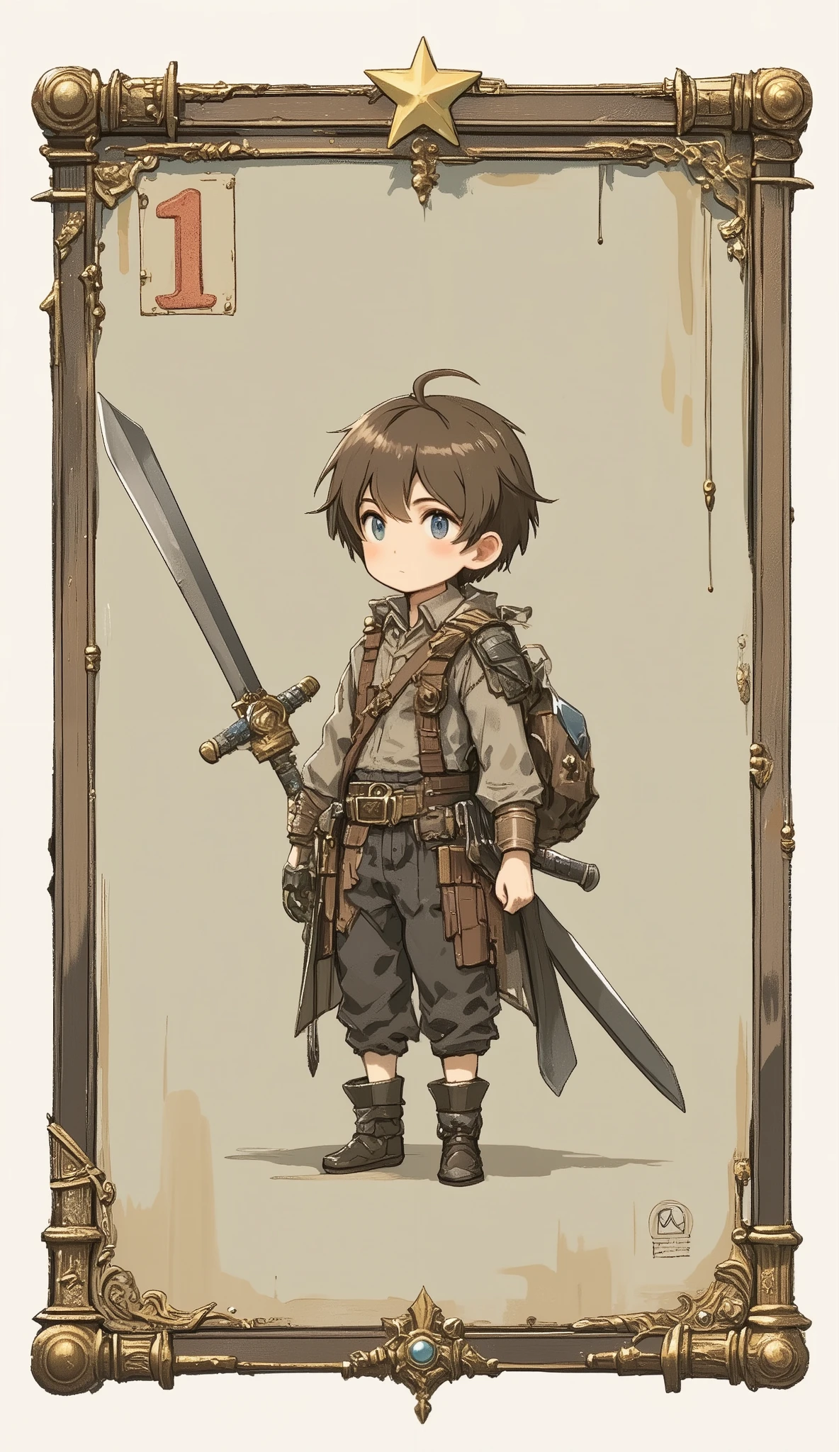 A game card, the weakest character, LV 1 character, a small character card, a shabby sword, shabby equipment, a single star, a plain colored card,