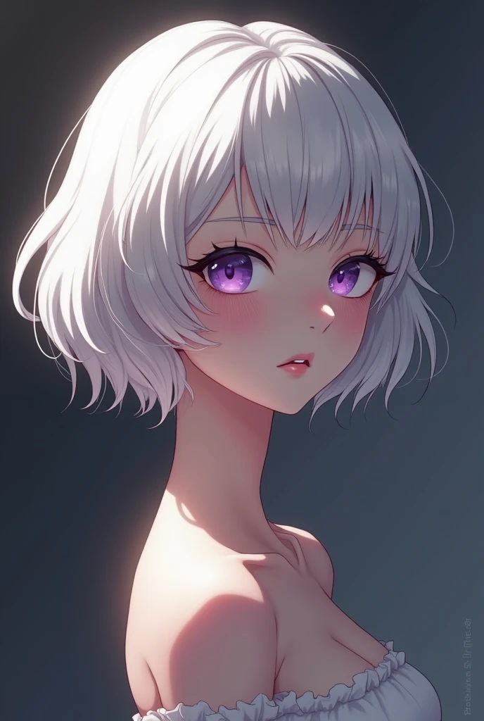 solo, 1girl, monochrome, spot color, multicolored eyes, greyscale, floating hair, parted lips, short top, half ????, medium tits, tan lines, looking at viewer, grey background, shadow, chromatic aberration, purple eyes, eyelashes, simple background, blurry, wind, masterpiece, bottom view, Yoneyama Mai Style