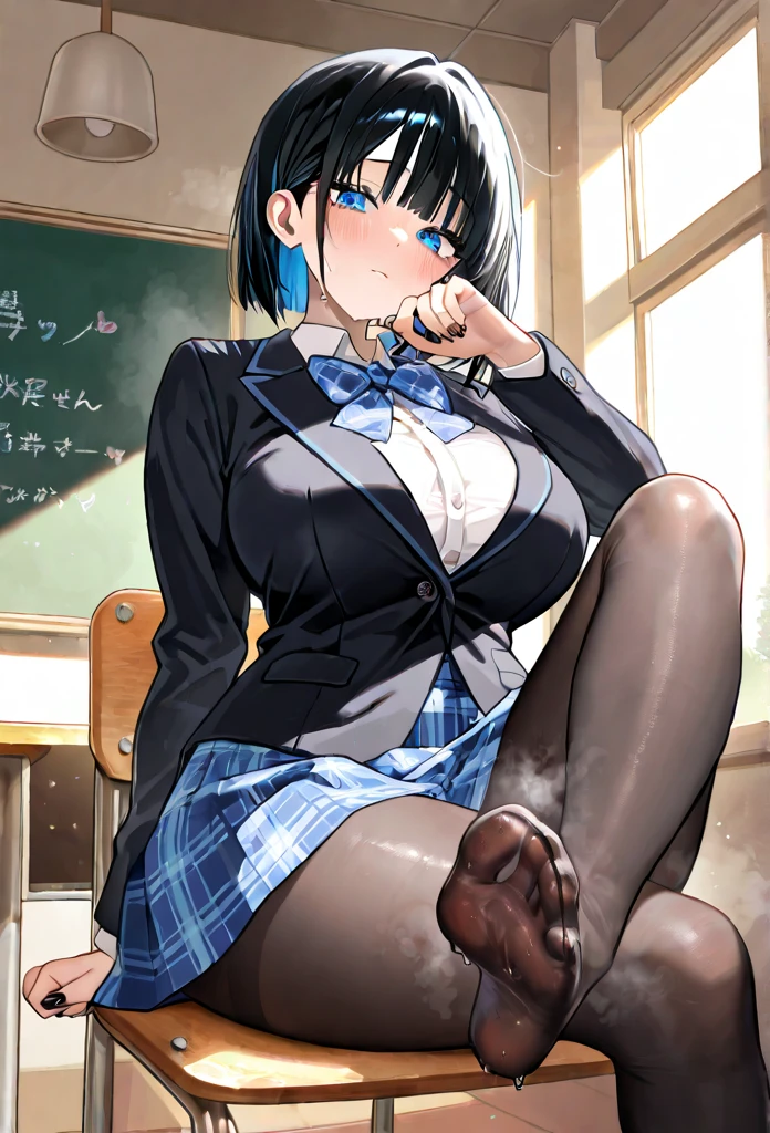 share indirect write、One girl in a mini skirt、Man smells feet, Sit with your legs wide apart、Looking down at the viewer, ponytail、Plump thighs, Highest quality, Focus on the thighs, Spread your legs wide, smile, blazer, blouse, Black Pantyhose, panties under pantyhose, , classroom, Black Hair,My thighs are steaming between the legs 、Sweaty pantyhose、Show the soles of your feet、Sweaty feet