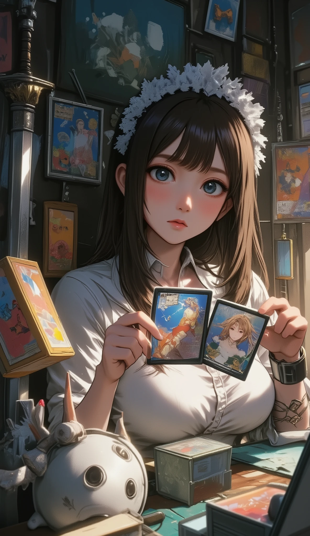 Game cards, I bought a 10-card pack but only got the weakest character card in the gacha, a weak character card, a shabby sword, shabby equipment, one star, a card with a flat color, a girl who is depressed and lamenting after drawing the weakest character card