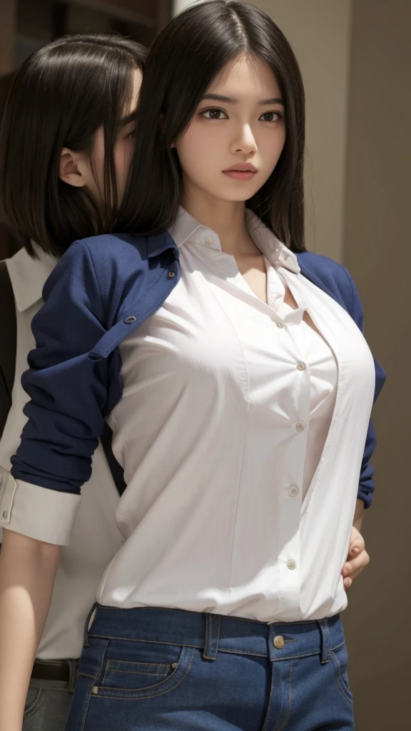 girl in summer clothes, white blouse, light blue shorts, pantyhose or long stockings, making like she wants to kiss you, view from viewer, medium breasts, cleavage, random backgroud, flirtatious look, ((very detailed)), (perfectly detailed face), (well detailed hand) photorealistic image.