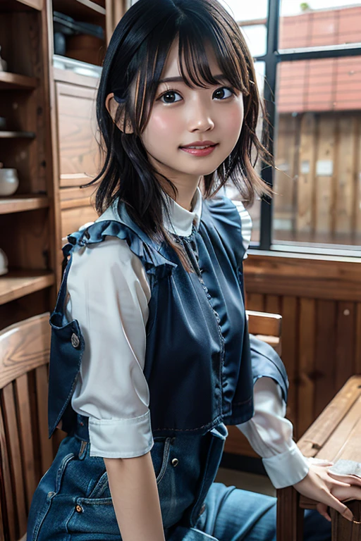 A smiling Japanese high school girl with straight black hair and big breasts does kung fu. It's like a picture.。
The uniform is a white shirt。
The skirt is navy blue。Gray checkered pattern with black overall。
Skirt length is shorter than above the knee。
The length of the hair is very long。
The bangs are neatly trimmed and cover the eyebrows.。
Nogizaka46-ish. Seen from the right. Height 180cm.。 Model-like. Both of their faces are visible, so it's almost like a photograph.