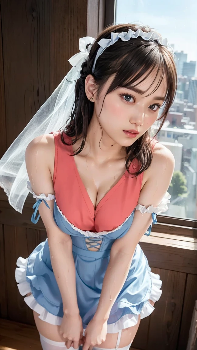 (best quality, masterpiece), depth of field,(photo-realistic),photo of <lora:miz_asahi_lora:1>,1girl,wearing red summer dress,puff sleeves,closeup,portrait