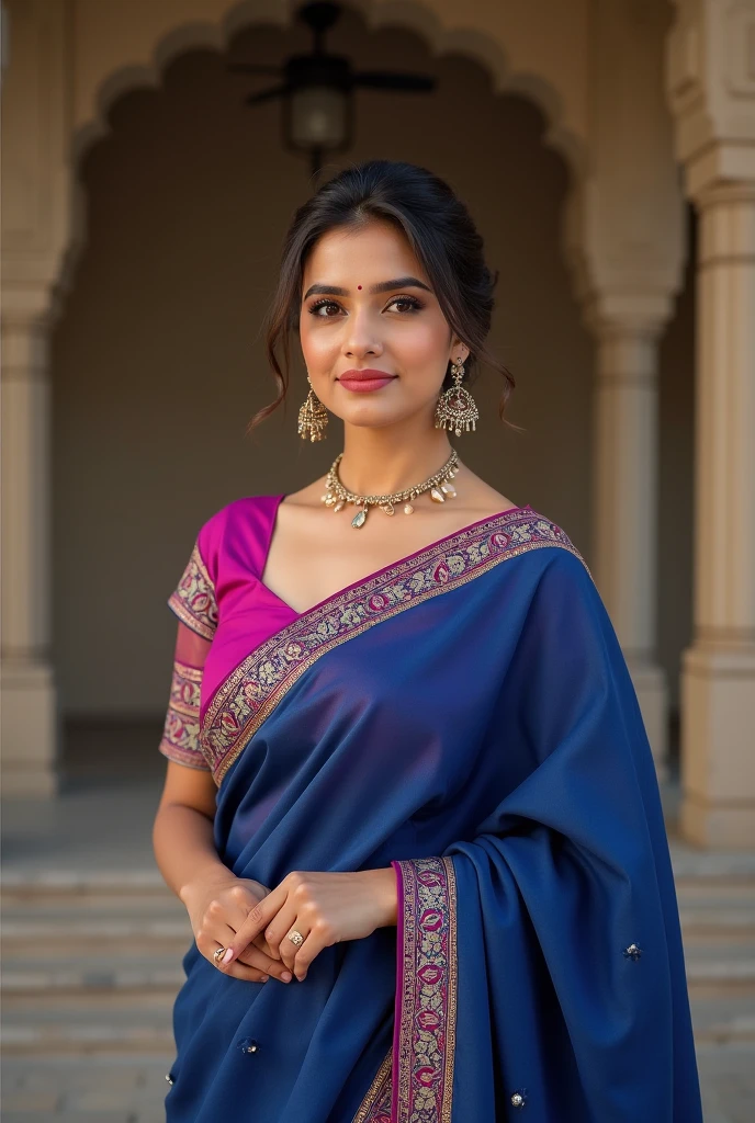 1girl, solo,girl wearing indian saree, pink indian saree,standing, happy , looking at viewer, blue ayes, high quality, absurd res, best quality , shap focus, uhd,8k,realistic, photorealistic, octane render, unreal engine, upper body , dynamic lighting, perfet face, perfect body <lora:saree-000002:0.8>