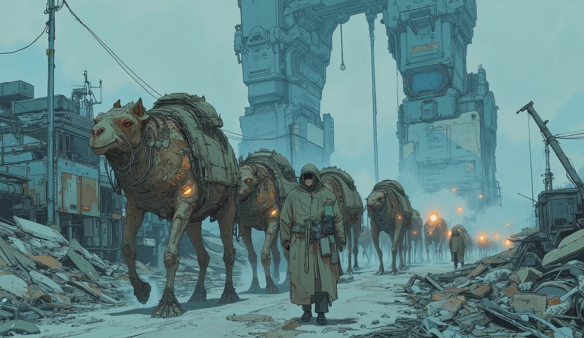 wide angle view from slightly elevated diagonal angle, cyberpunk dystopian world, dominant blue color tone, fog-covered rubble wasteland, (gigantic cyberpunk structures like colossal pillars piercing the sky), moody and desolate background, caravan of travelers moving across broken terrain, multiple camel-inspired creatures with organic shapes and rugged textures, each carrying cloth-wrapped cargo and travel supplies, cyberpunk-style merchants in layered robes and goggles, worn-out sci-fi crawler vehicles with large caterpillar tracks and rusted exteriors, headlights casting beams through the fog, contrast between the creatures and mechanical transports, subtle neon accents on gear and vehicles, sense of long journey and survival, cinematic lighting, atmospheric depth, detailed environment with scattered debris and broken metallic remnants