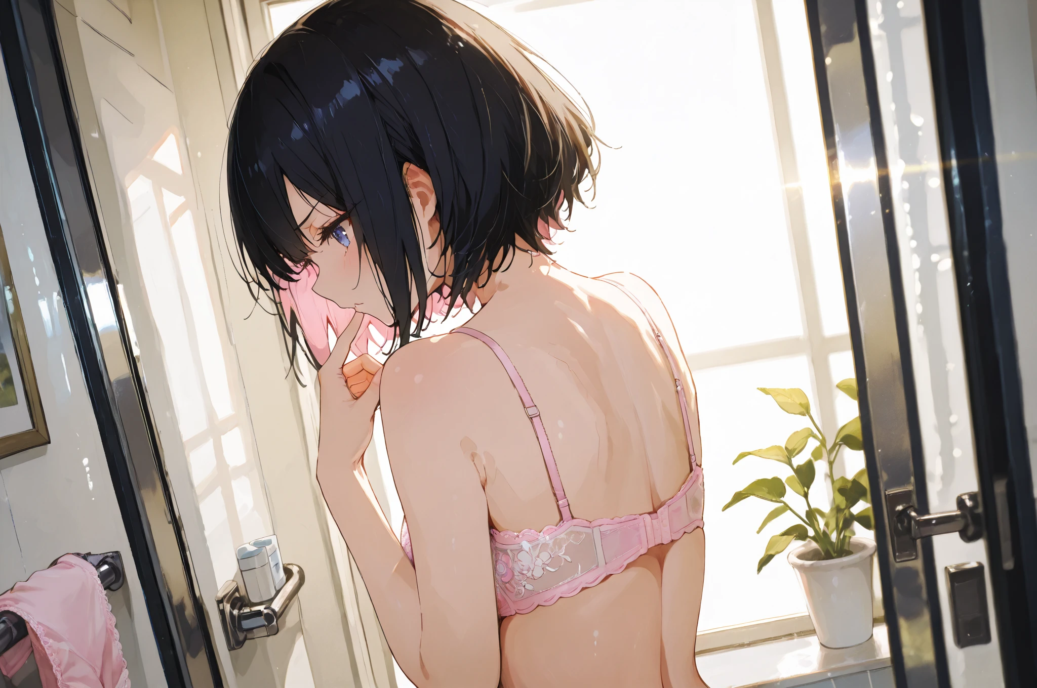 masterpiece, best quality, very aesthetic, absurdres, 1girl, brown eyes, black hair, bra, panties, Shoulder straps of the bra fall off, thong, bathroom, steam, key visual, highly detailed, looking at viewer, back view