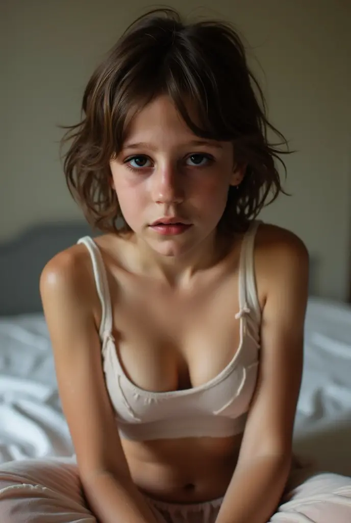 three very thin young nude female teenager who looks anorexic gazing sadly into the camera lens. bob hair. the girl's body is similar to that of a pubescent. In a bed room. Lying a bed with spread legs