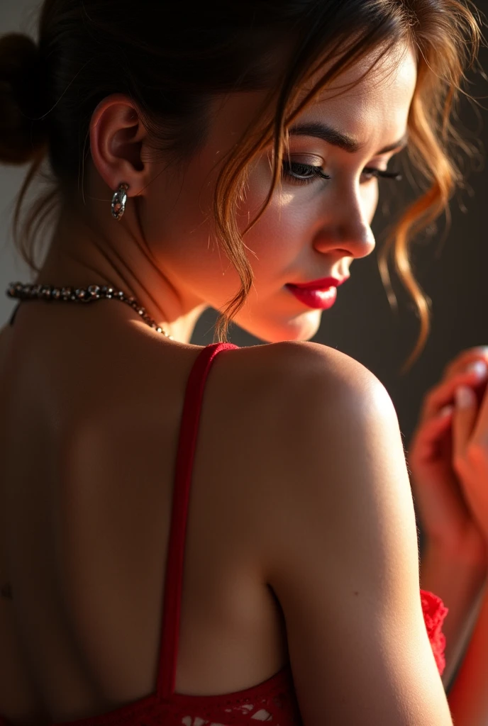 sexy back view, ass portrait of a beautiful tattooed woman in sexy red lingerie, Brazil string, balconette bra, luxury underwear, dark room with a window, window light, natural tits, skinny but toned body, tiny ass tight body, tanned body, ginger hair, green eyes, necklaces, jewelry, detailed skin, detailed face, 5 fingers, full body, head to feed,ass portrait from behind, back view, photography, realistic, photo-realistic, hyperrealism, 8k, highly detailed, High detail RAW color art, diffused lighting , cinematic lighting, romantic lighting,