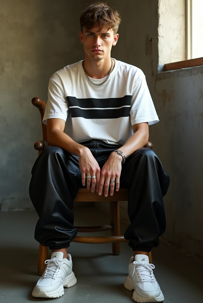 full body portrait photo, Indonesian teenage boys, wear (gray white), was sitting relaxed in wet clothes
