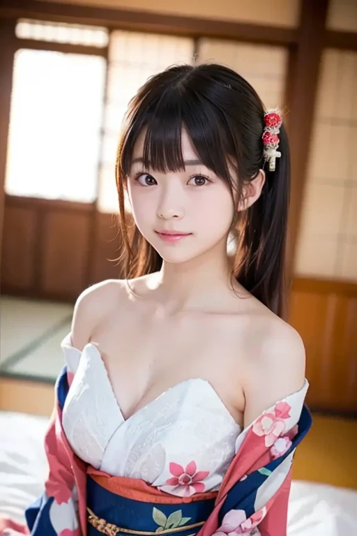 、Middle school students、、Cute Face、beautiful girl、yukataが似合う可愛い髪型、Tie your hair up、With bangs、Deep-set eyelids、Good style、Big Breasts、F Cup、yukata、vermilion
