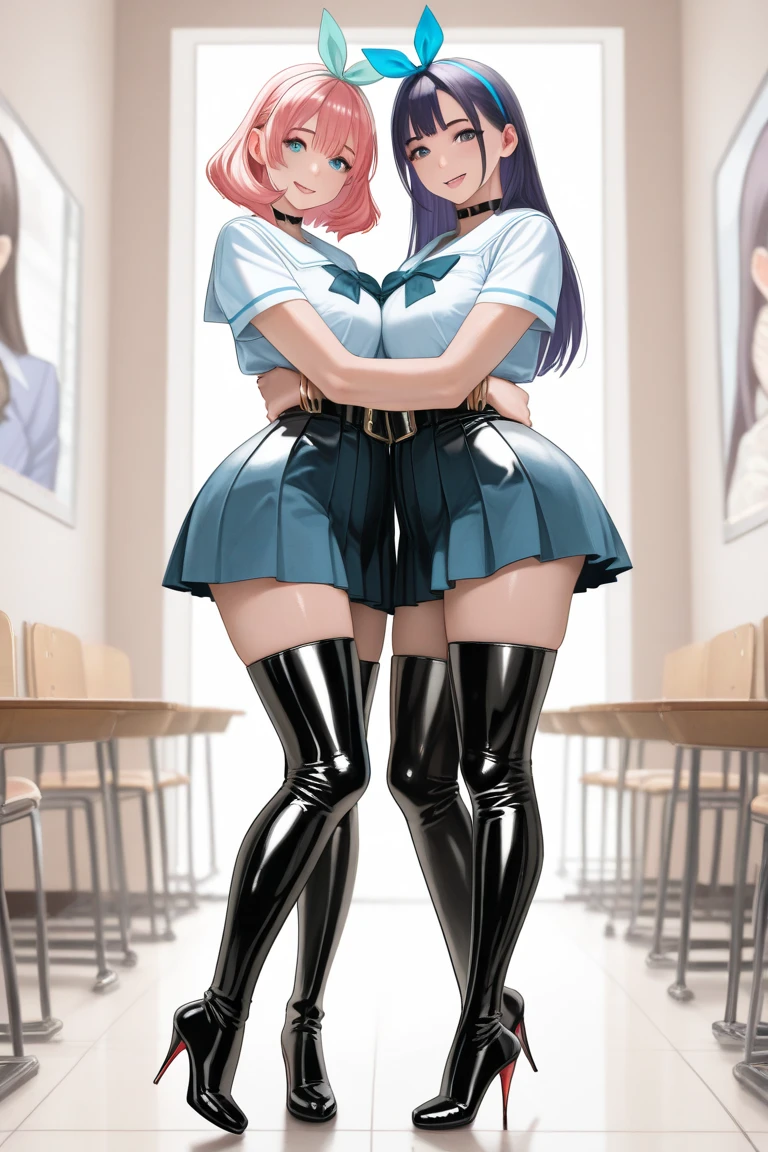 score_9, score_8_up, score_7_up,rating_explicit, aax,very aesthetic,indoors,highschool,classroom,intersex\intersex,cowboy shot,BREAK 2girls,futanari,intersex,dick girl,retro artstyle, standing, futanari masturbation,kissing,french kiss,saliva trail, ((rubbing penis each other)),looking at another,highly detailed face,beautiful eyes,(gigantic breasts:1.2),reverse bunnysuit,fake rabbit ears,exposed breasts,nipples,long sleeves,animal choker with chain,groin,torn pantyhose, BREAK [large penis:(triple penises,Quadruple penises,extra penises:1.25):6],daze,orgasm,half-closed eyes,unfocused eyes,(open mouth),tongue out,saliva,BREAK (Koshiki Yukari,purple hair,twin braids),BREAK (Yuuko Asahina,red hair), cinematic lighting,from above,zPDXLxxx, best quality,absurdres,intricate details,official art, 