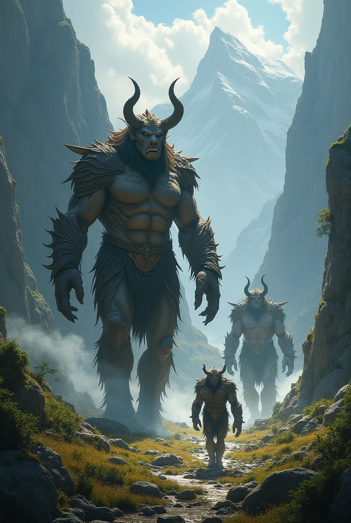 Three ogres standing in a misty mountain landscape。The ogres are muscular.々in、Wearing a tiger striped loincloth、In one hand he holds a large, spiked metal club.。The leading ogre in front、獰猛in威圧的かつ、まるinドラゴンやタイガーの様な表情in、Looking directly at the viewer。There are two ogres behind him.。The image was taken from a low angle、Looking up at the ogres。これらのオーガはおinこの中心にまっすぐ、Thick、Short、A conical unicorn-like horn１Hon-growing。The ogres are taking big steps forward、肌はワインのように赤いinす。Get your whole body in the frame、ゆっくりと進撃しているポーズin描かれています。