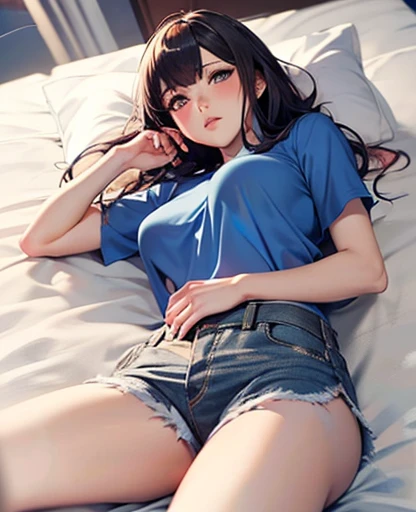 1 woman, YOUNG, Being in a hotel，(Lying on her back in bed:1.4)，(Open your legs:1.4)，(legs are raised :1.5)，(top down view)，
（（（Masterpiece）））， （（The best quality））， （（intricate details））， （（ultra-realistic realism））， 4k resolution， Transparent， Very detailed， lightning， 1 girl， （（big breasts））， (pink areola)，perfect hand， detailed finger， Beautiful detailed eyes，wavy curly black hair， with brown eyes， (White crop top)，(Breasts come out of clothes.), choker:1.6 White Long Sleeve Button Up Shirt, shiny black miniskirt, black elbow length gloves, Black thigh high boots, detailed background， Bedrooms， Perfect eyes， seductive eye，raised buttocks，flushed face，(beautiful:1.2)，seductive eyes