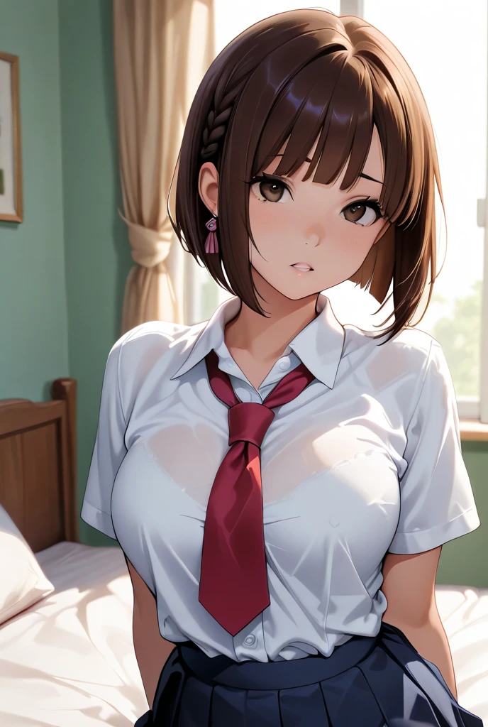 ((Shiho Miyano,1girll, Solo, Blonde hair, wariza, Short hair, Brown hair, Exquisite facial features,There is light in the eyes,laughingly,self-assured,))