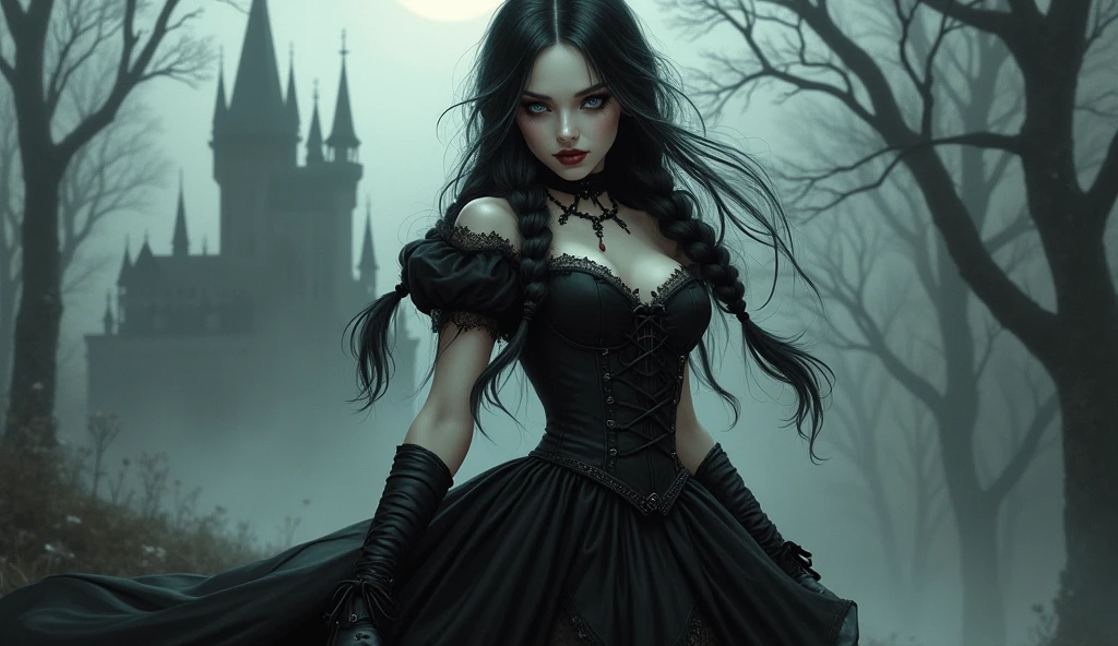 ((21-year-old))) black girl, (((light skin))), (((vampire))), (((New Orleans cemetary, early 20th century night time during mardi grad))), (((bats flying around))), dusk, (((close-up full body pose))), (((long wavy black hair))), high heel boots, (((wearing period clothing))), dark fantasy art, Rich, Deep Colours, (intricate details:0.9), (HDR, hyper-detailing:1.2), (natural skin textures, hyper realisitc, soft light, Sharp),