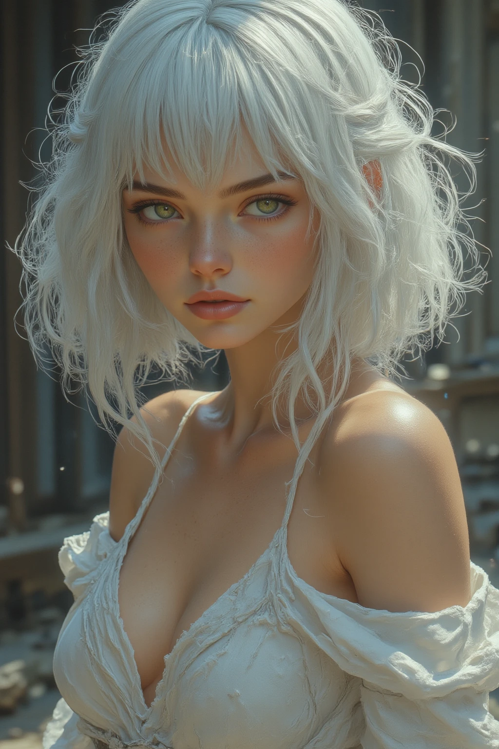 White hair and green eyes