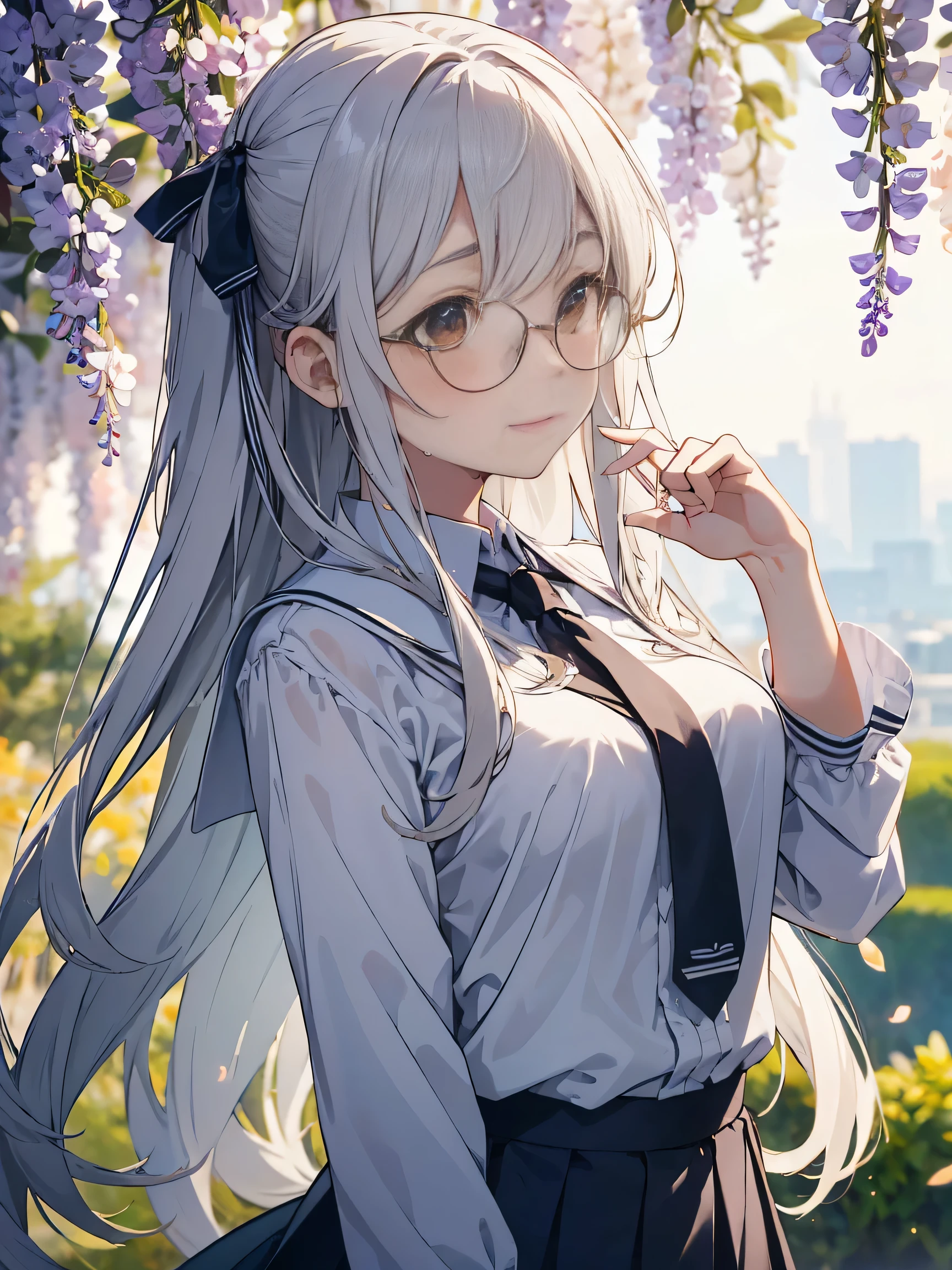 (score_9, score_8_up, score_7_up), source_Anime, absurd_res, white, blue, black, 1girls, solo, multiple girls, upper body, super fine illustration, an extremely delicate and beautiful, best quality, masterpiece, 8K, spring setting, wisteria flowers, gentle breeze, sunlight filtering through trees, long black hair:1.3, half updo:1.3, brown eyes:1.3, wearing glasses:1.3, round eyewear:1.3, thick eyebrows:1.3, sagging eyes:1.3, hair ribbon with light blue, ample breasts, white sailor school uniform:1.3, red tie, black pleated skirt, wet clotch, wet body, ultra-beautiful girl, fluttering hair, gentle smile, blushing faces, surprised expression, embarrassed reaction, looking viewers:1.3, dynamic pose, contrapposto pose, soft fabric movement, fluttering petals, warm and bright atmosphere, soft lighting, delicate color palette, detailed clothing folds, flowing hair, lively spring vibe, highly detailed rendering, breathtaking composition,
