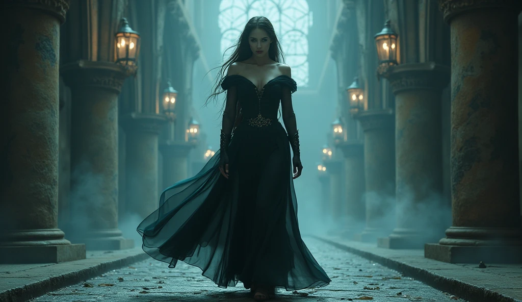 Create a woman with the following characteristics: withe wizard, bombshell, 50's , dark fantasy, noir