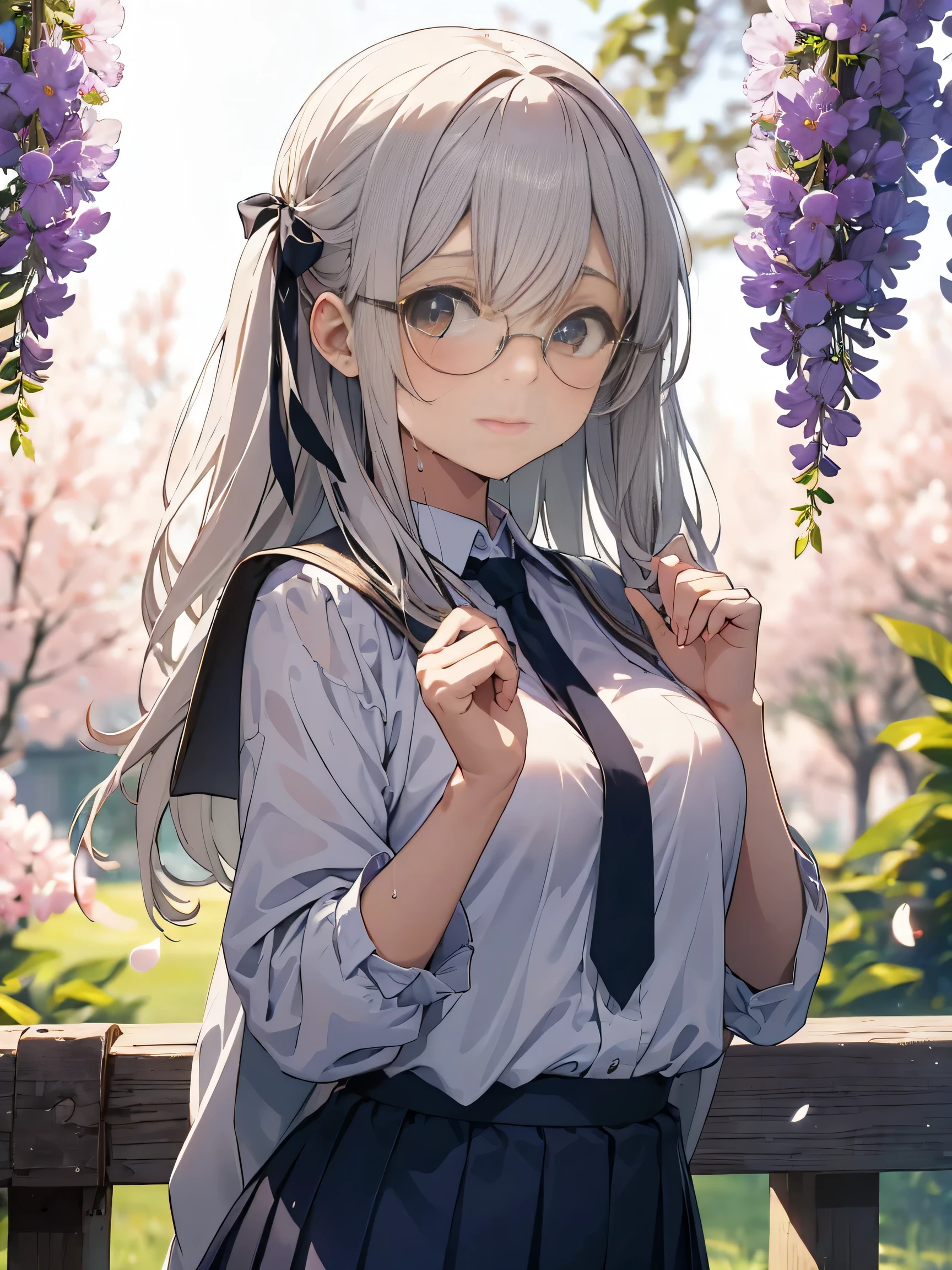 (score_9, score_8_up, score_7_up), source_Anime, absurd_res, white, blue, black, 1girls, solo, multiple girls, upper body, super fine illustration, an extremely delicate and beautiful, best quality, masterpiece, 8K, spring setting, wisteria flowers, gentle breeze, sunlight filtering through trees, long black hair:1.3, half updo:1.3, brown eyes:1.3, wearing glasses:1.3, round eyewear:1.3, thick eyebrows:1.3, sagging eyes:1.3, hair ribbon with light blue, ample breasts, white sailor school uniform:1.3, red tie, black pleated skirt, wet clotch, wet body, ultra-beautiful girl, fluttering hair, gentle smile, blushing faces, surprised expression, embarrassed reaction, looking viewers:1.3, dynamic pose, contrapposto pose, soft fabric movement, fluttering petals, warm and bright atmosphere, soft lighting, delicate color palette, detailed clothing folds, flowing hair, lively spring vibe, highly detailed rendering, breathtaking composition,