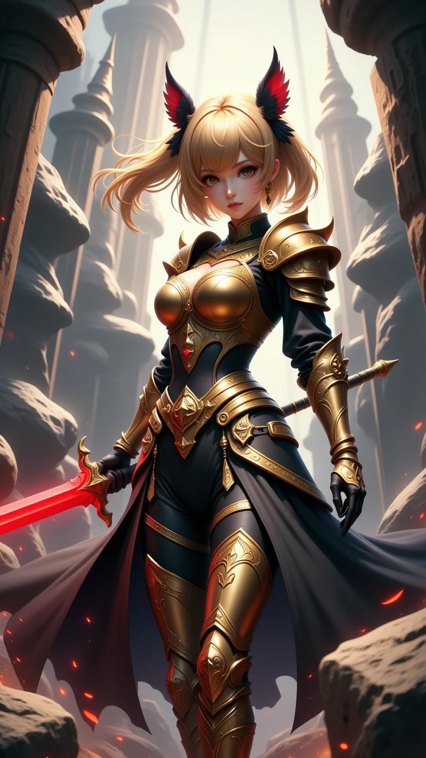 Please follow the all prompts below exactly and faithfully, This is a breathtaking masterpiece of digital illustration, with maximum resolution, UHD, 512K, 2160p, 10 million ppi, 300 million dpi, natural color tones, ultra sharp details, perfect outlines with contrast, ((smooth, soft and clearly and most realistic skin and hair texture)), most beautiful detailed eye features, perfect anatomically correct human body, beautiful background with depth, rule of thirds, depth of field, Maximize all element is used to its full potential to create the best digital illustrations, 1woman, sexy, 25years old, beautiful face sharp, elegant woman, Ultimate perfect body style, beautiful beautiful big breasts, Maximize upturned breasts, green eyes, shiny blonde hair, short hair, bob cut, (eyes visible through hair:1.3), glossy very thick lips, pink lipstick, smile:1.5, Fantasy world warrior with detailed armor, wielding a sword, vibrant colors, dynamic pose, and a skirt. The armor features golden accents, emerald inlays, shoulder pauldrons, chest plate with dragon motif, elbow guards, knee guards, shin guards, leather straps, metal buckles, chainmail underlayer, gauntlets with runes, plumed helmet, decorative belt, flowing cape, thigh-high boots, ornate scabbard, gem-encrusted hilt, floral patterns, and silk lining.
