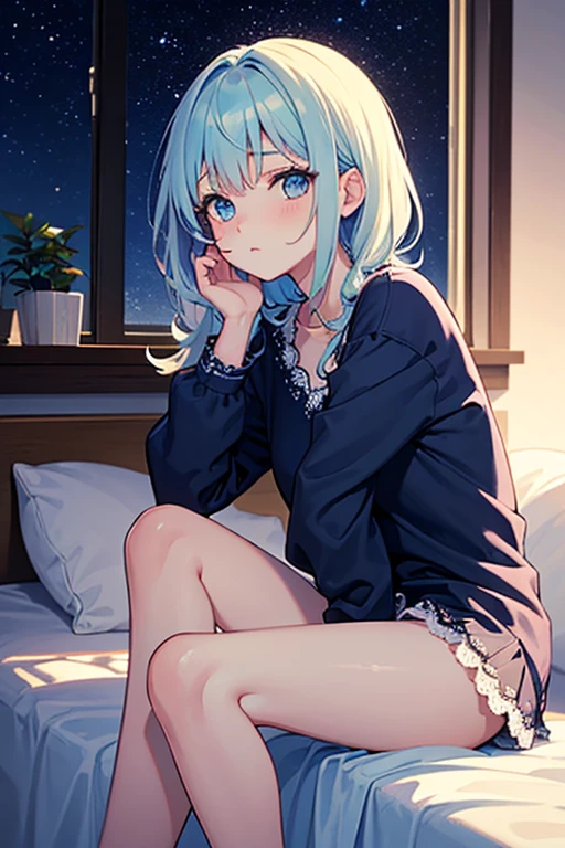 (Girl with a nasty appearance:1.1)、(Daytime:1.5)、(and chest:1.4)、Raw photography, top-quality, hight resolution, (masterpiece), (Photorealsitic:1.4), (Mole under the eyes),Anime Cosplay, foco nítido, nffsw, 8K分辨率, intricate detailes, depth of fields, the Extremely Detailed CG Unity 8K Wallpapers, front lit, femele,25-years old、 His lips are smiling、(tying hair:1.5)、(Medium Showtrain Bo Hair)、(long sleeved pajamas:1.3)、blue eyess,(lying on the bed:1.5)、(Blue sky seen from the window:1.3)、(Full body depiction)、(fullmoon:1.2)、(shooting stars:0.9)、(nebulas:1.3)、mountain in the distance、Tree Break Production Art、(Warm color light source:1.2)、(fireflys:1.2)、abajour、Purple and orange、intricate detailes、Volume Lighting、Realism Break (masterpiece:1.2)、(top-quality)、4K、Ultra-Details、(The composition of the movement:1.4)、Very detailed and colorful details、(Iridescent colors:1.2)、(Glowing lighting、Atmospheric lighting)、dream-like、Magical