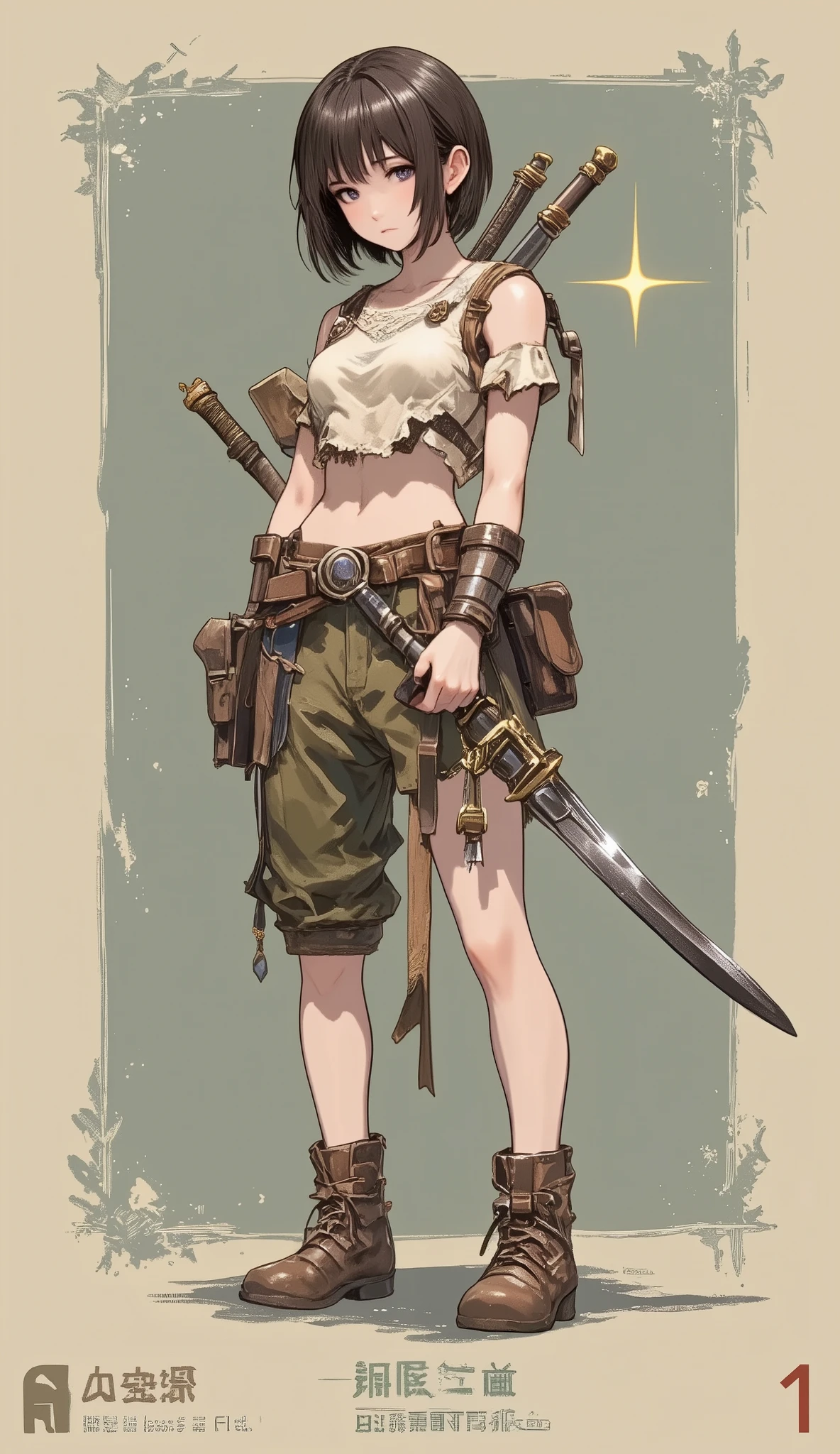 A game card, the weakest character, LV 1 female character, a small character card, a shabby sword, shabby equipment, a single star, a plain colored card,