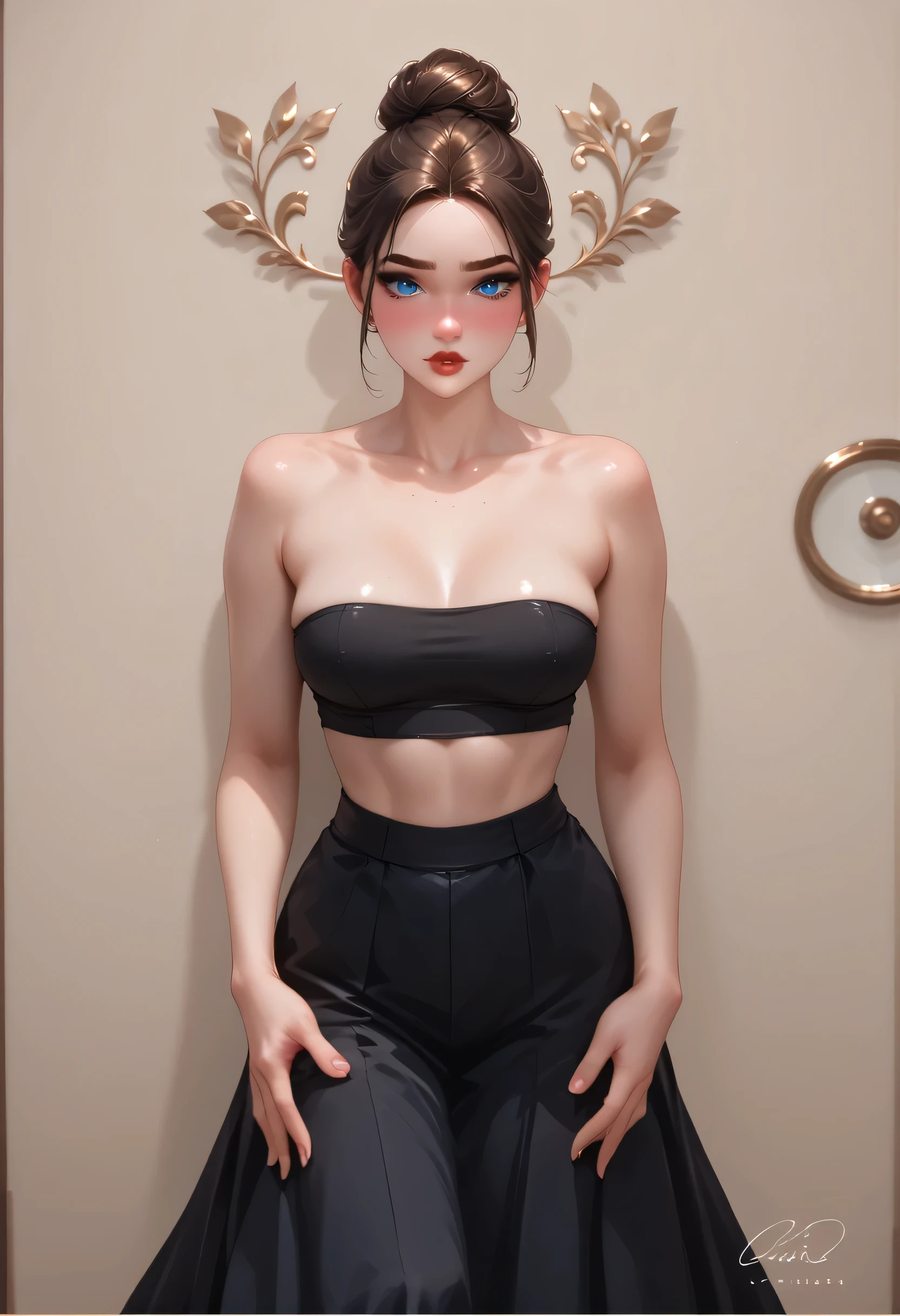 perfect body, perfect face, bun hair, brown hair, forehead, black thin eyebrows, big blue eyes, black eyeliners, blush, red thick lips, beautiful woman, medium breasts, breasts, black top strapless, black long skirt