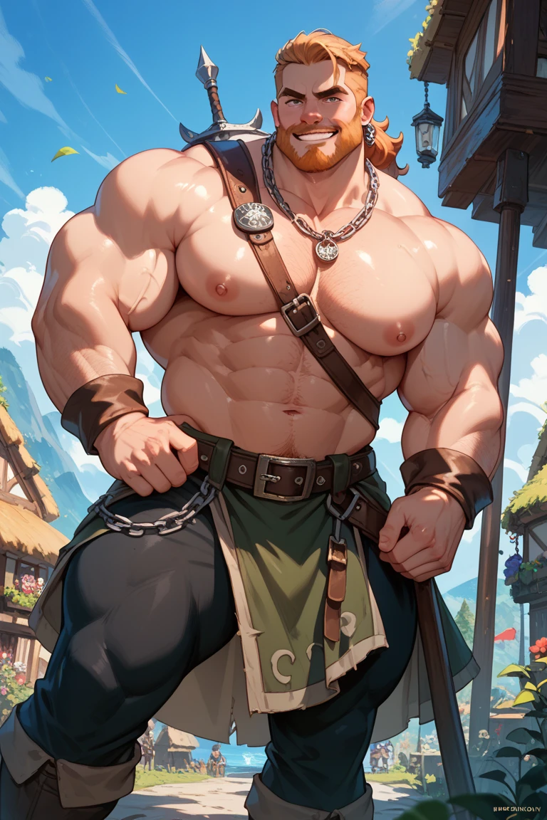 man, Viking, An old face, short stature, Age 60 years, strong, thick, big breasts, big belly, Red hair, big red beard, thick body hair, густые Red hair на груди, густые Red hair на животе, густые Red hair на лобке, густые Red hair на яйцах, thick hair on arms, thick hair on legs, tattoos on body, Tattoos on the torso, drunk face, naked torso, in a short skirt made of skin made of green fabric, the skirt is held up by a leather belt with a gold buckle, the skirt is tight around the dick, in the pub, night, warm lamp light, holding a wooden mug in his hand, Very drunk, looks straight