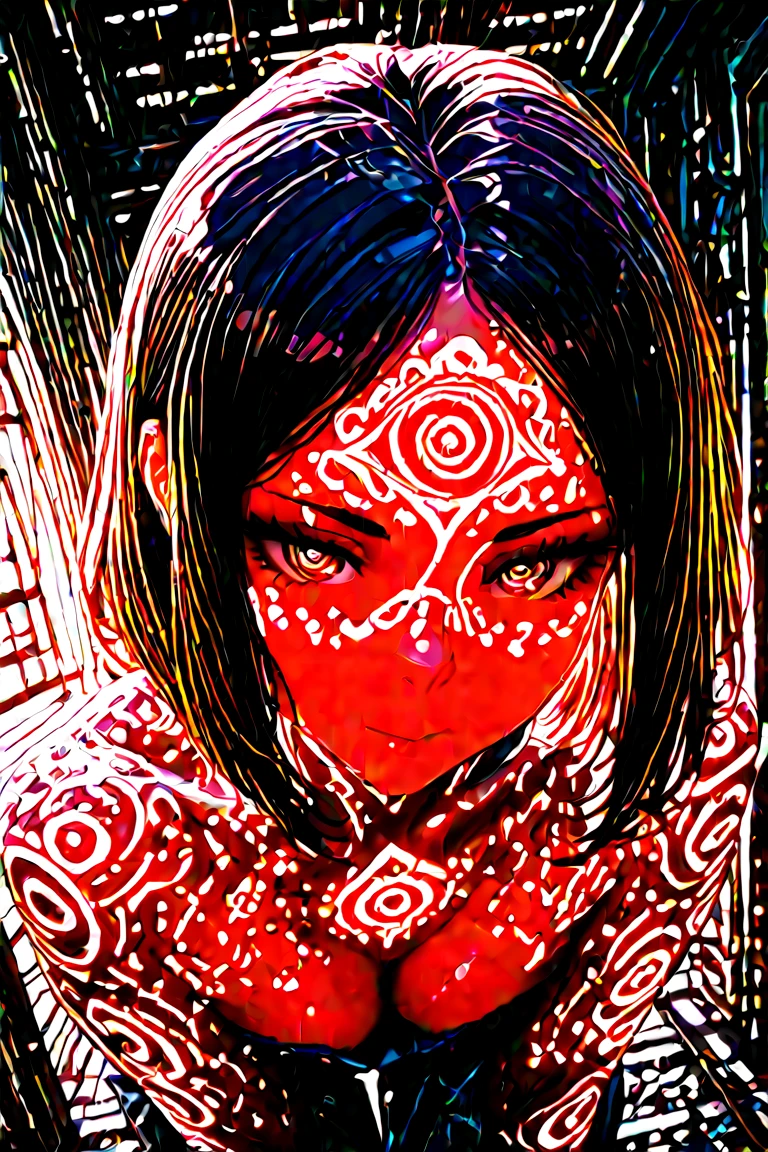 A stylized Art vectoriel portrait of Little Red Riding Hood with a black and white face, partiellement obscurci par une bande rouge audacieuse sur ses yeux et sa bouche. L'arrière-plan est rouge uni. La figure semble solennelle, Art vectoriel, symmetrical