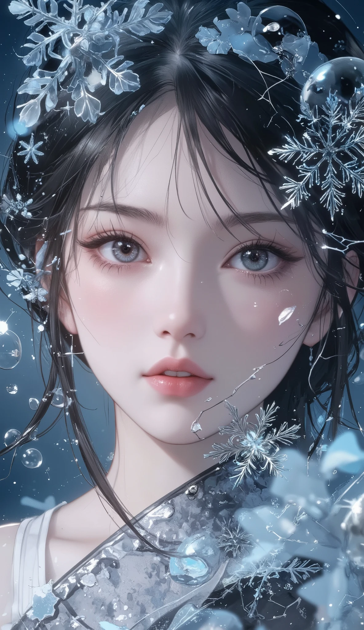 masterpiece, Highest Quality, super res, perfect anatomy, absurd, dreamy、female, detailed face、Snowflakes Made of Water Bubbles、Water Drop、Derived from the sea、World of Snowflakes、Snowflake Decorations、 constellation
