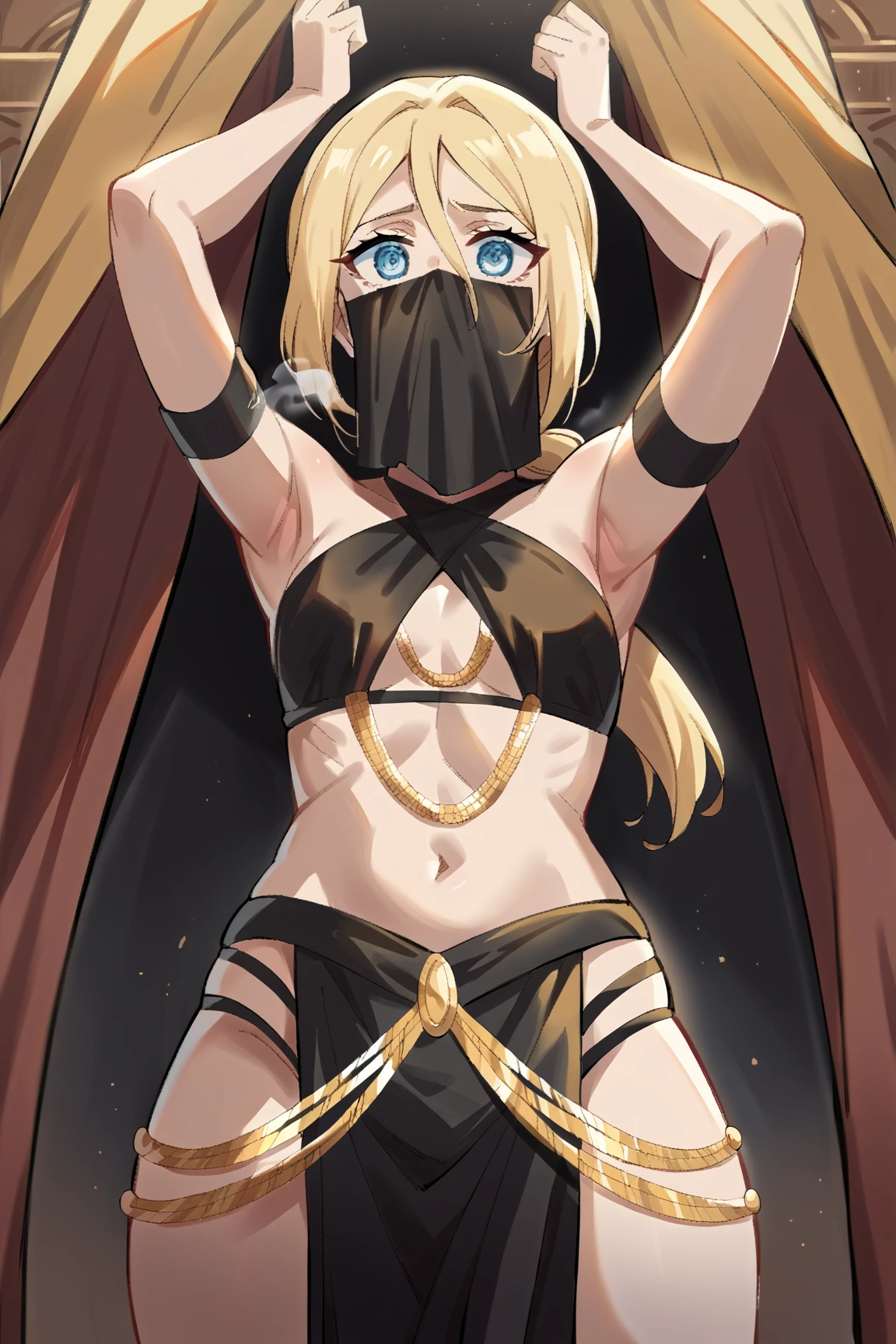 (tanned elf girl:1.2), (large tits), (long hair), (solo:1.2), (gradient brown background:1.2), (cloak hooded belts:1.2), (tit tattoo:1.2), (belt bra:1.0)