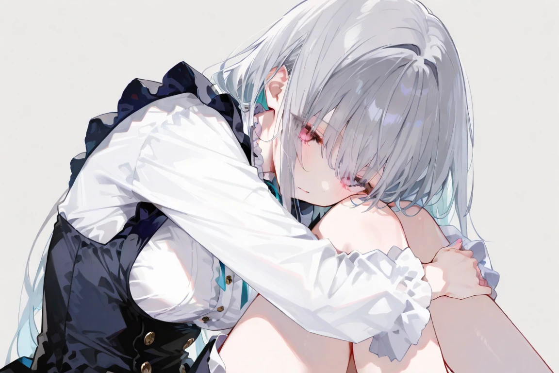 1girl, {solo}, upper body ,{{ {looking at viewer}}}, arm at side, concept art, white background, simple background, white hair, silver gradiient hair , complex cloth, asymmetrical clothes, virtual youtuber, best quality, masterpiece, dynamic angle, guilty gear, guilty gear, guilty gear, cowboy_shot, looking_back, grabbing, girl,woman,female, young,20 years old, very long hair, flipped hair, silver hair, flowing hair, ahoge, smirk, beautiful and delicate golden eyes, teeth, medium_breasts, blonde eyes, white skin, coat, hoodie, black_shorts, grey Clothes, transparent_background, backlighting, absurdres, highres, ultra detailed,