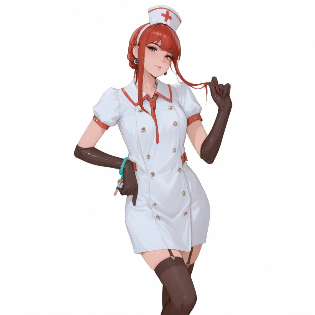 arafed woman in a white dress leaning against a hospital bed, a portrait inspired by Min Zhen, tumblr, conceptual art, full body xianxia, wearing lab coat and a blouse, smooth translucent white skin, doctor, an alien robot naughty nurse, close - fitting nurse costume, (doctor), trending at cgstation, nurse girl, with a lab coat, alishadef,side ponytail, drill hair, smile, 