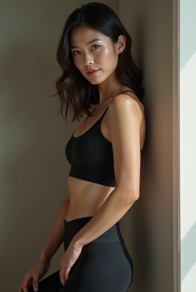 young woman, model, thin, jogginghose, crop top, kneeling with legs apart