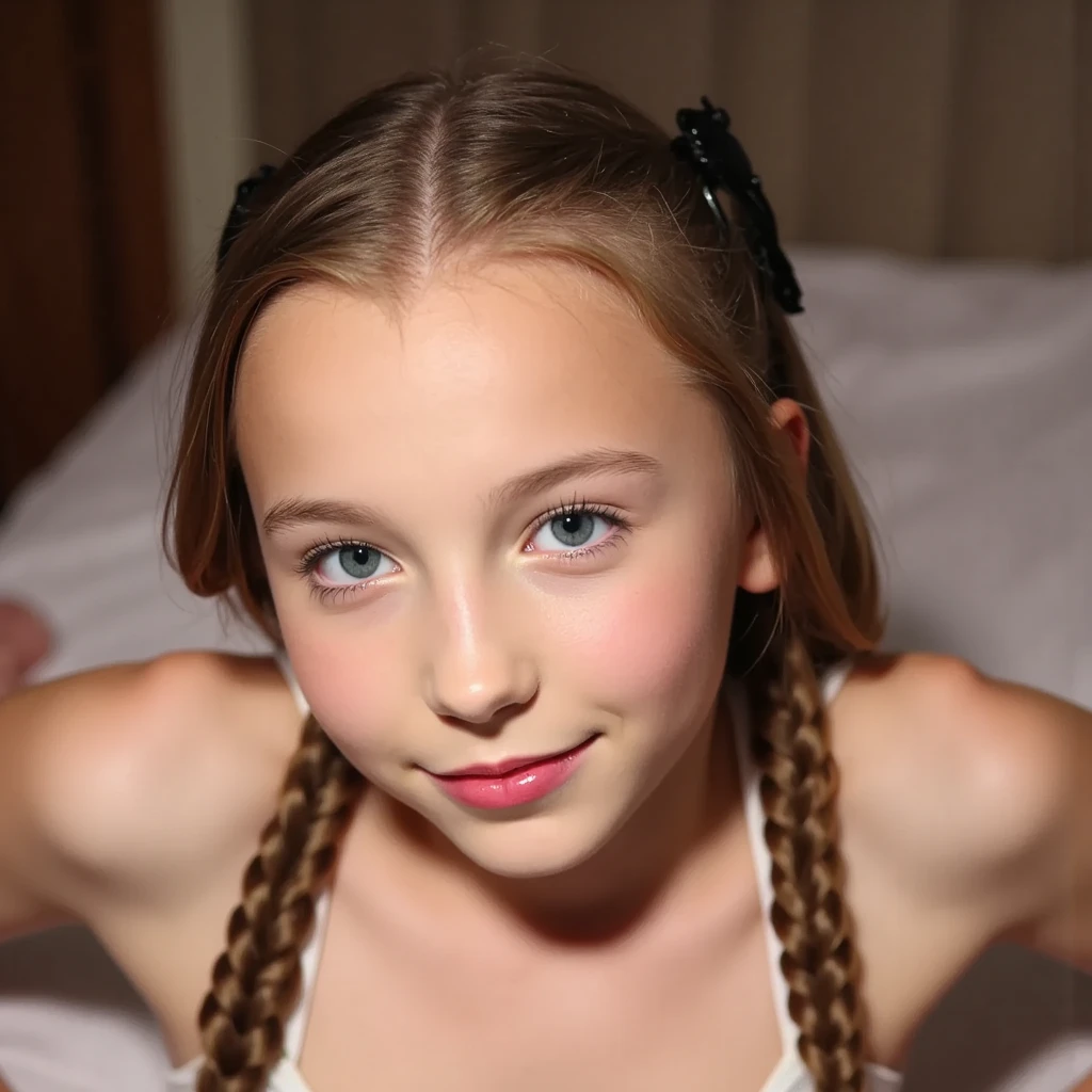 skinny, young lying on a bed naked spread legs , long boots, blue eyes, smile, ponytail