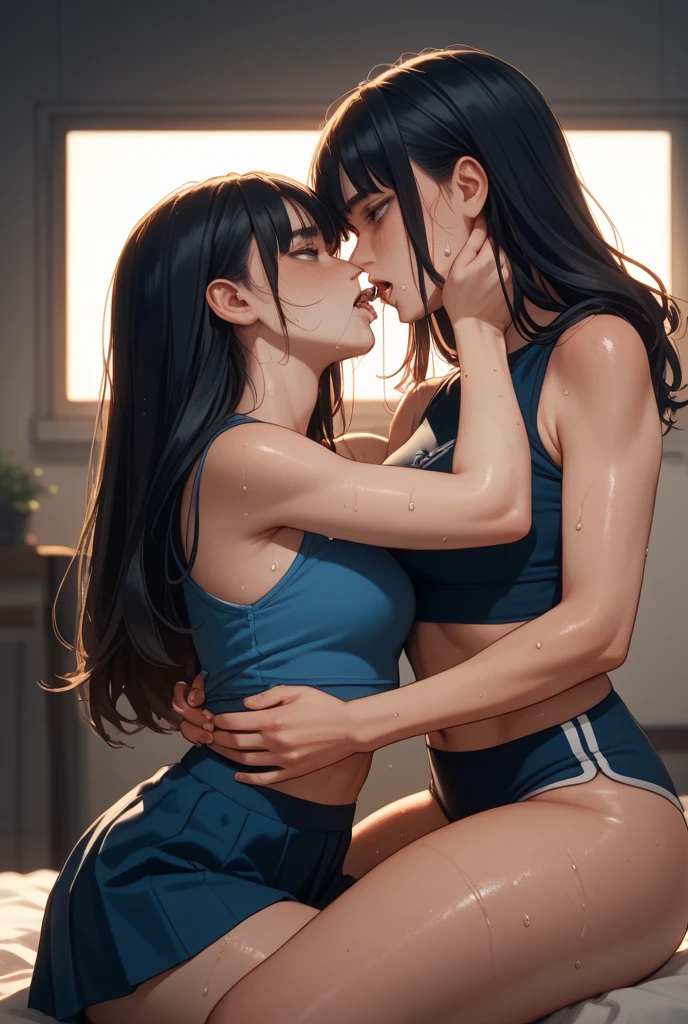 a shirtless 23 year old man with two beautiful women, passionate kissing, sensual embrace, intimate moment, (best quality,4k,8k,highres,masterpiece:1.2),ultra-detailed,(realistic,photorealistic,photo-realistic:1.37),cinematic lighting,dramatic colors,romantic atmosphere, dance class