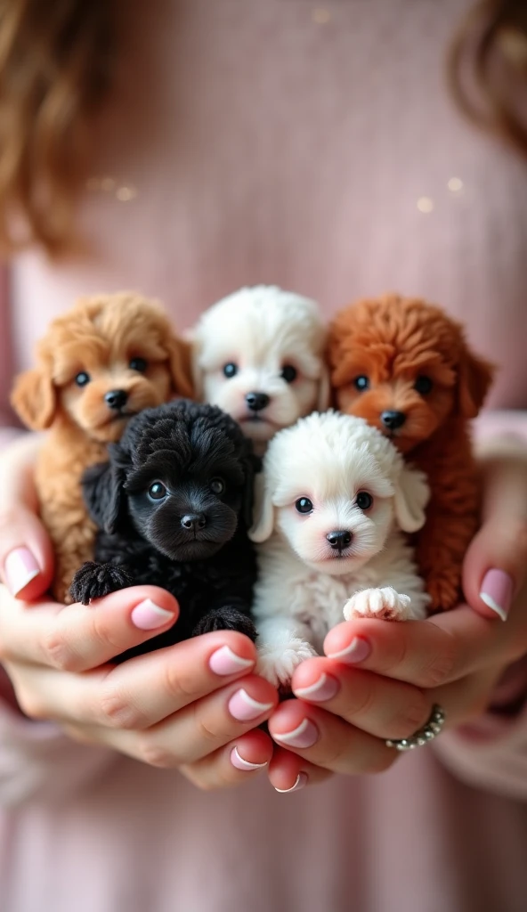 With the sunset in the background,(masterpiece:1.2, high quality), Five toy poodle puppies sleeping snuggled up together in bed、