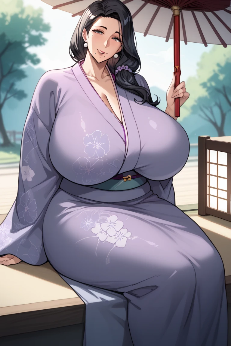 east asian architecture,
kimono, purple kimono with a flowered design on it,japanese clothes,open clothes, long cleavage, 
black hair,low ponytail,bangs,brown eyes,
1 girl, 40yo, mature female, Beautiful long legs, fat legs, Beautiful body,Beautiful Nose,Beautiful character design, perfect eyes, perfect face,expressive eyes,perfect balance, (gigantic huge breasts:2.2), (splitting areola:1.6),covered nipples,  
looking at viewer,(Focus on her face),closed mouth, (innocent_big_eyes:1.0),embarrassed, Worried,
official art,extremely detailed CG unity 8k wallpaper, perfect lighting,Colorful, Bright_Front_face_Lighting,White skin,
(masterpiece:1.0),(best_quality:1.0), ultra high res,4K,ultra-detailed,
photography, 8K, HDR, highres, absurdres:1.2, Kodak portra 400, film grain, blurry background, bokeh:1.2, lens flare, (vibrant_color:1.2),professional photograph, (beautiful_face:1.5),(narrow_waist), full length