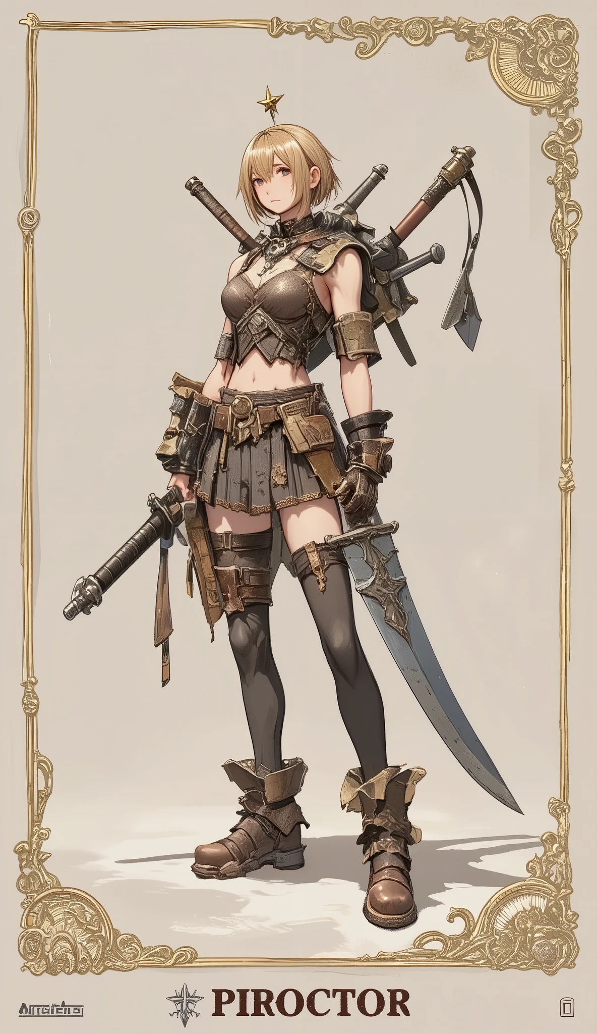 A game card, the weakest character, 'LV 1' female character, a small character card, a shabby sword, shabby equipment, a single star, a plain colored card,