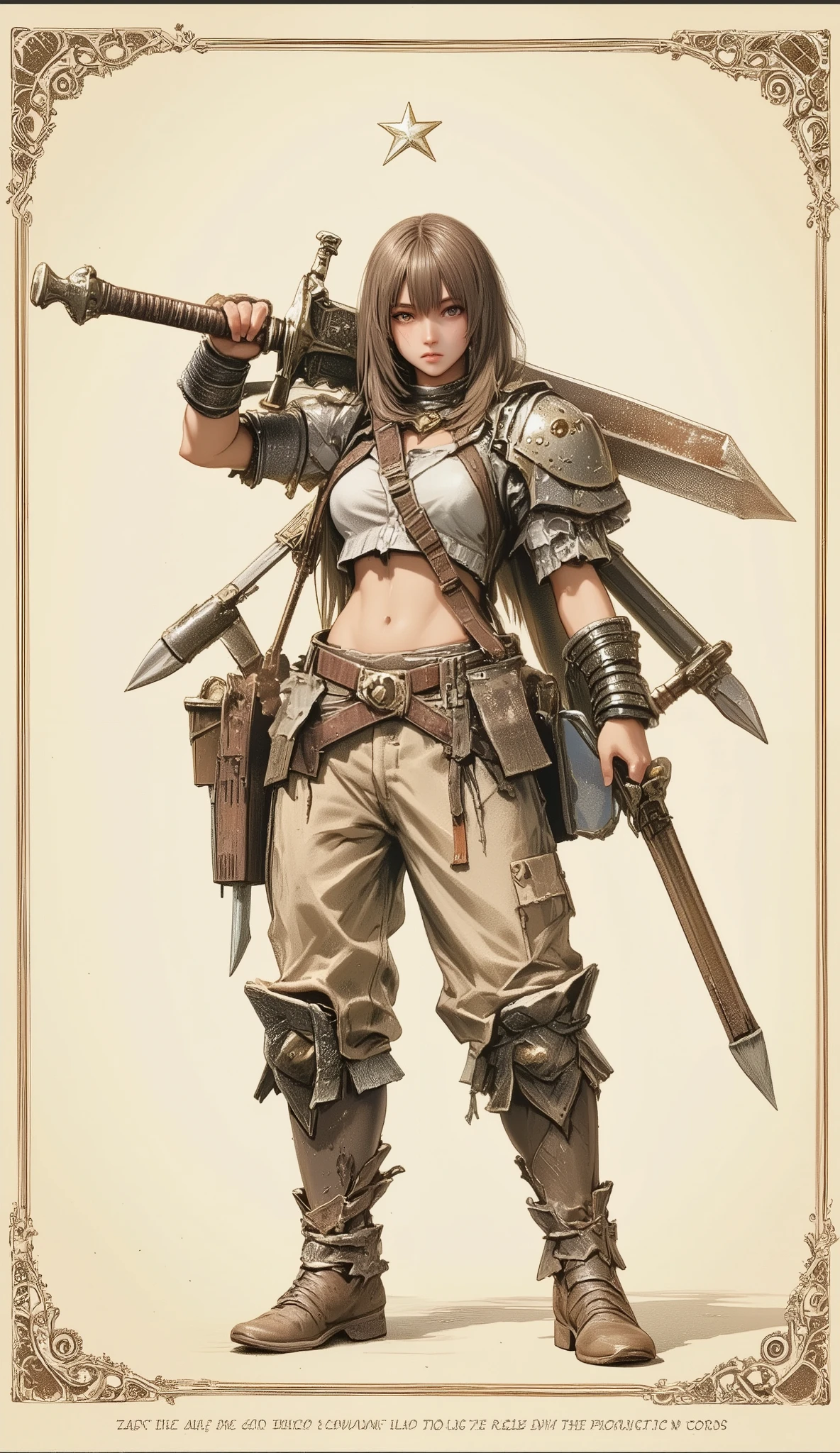 A game card, the weakest character, 'LV 1' female character, a small character card, a shabby sword, shabby equipment, a single star, a plain colored card,
