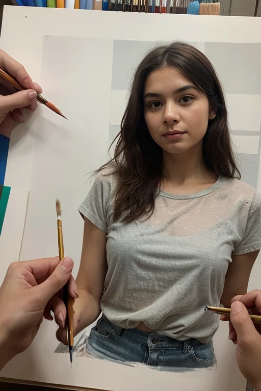 (medium full shot) of (inspired painter) young woman, british, tan skin, jade green eyes, tiny build, medium hazel ponytail hair,  wearing a beret, white  white t-shirt, bohemian skirt, casual shoes, holding a pencil and a sketchbook, set in  gallery, Exhibition Hall, large hall with a variety of artworks, artists mingling with guests, a refreshment table in the corner, music playing softly, at night, woman smiling,  ,Masterpiece,best quality, photo, realistic, very aesthetic, detailed face,