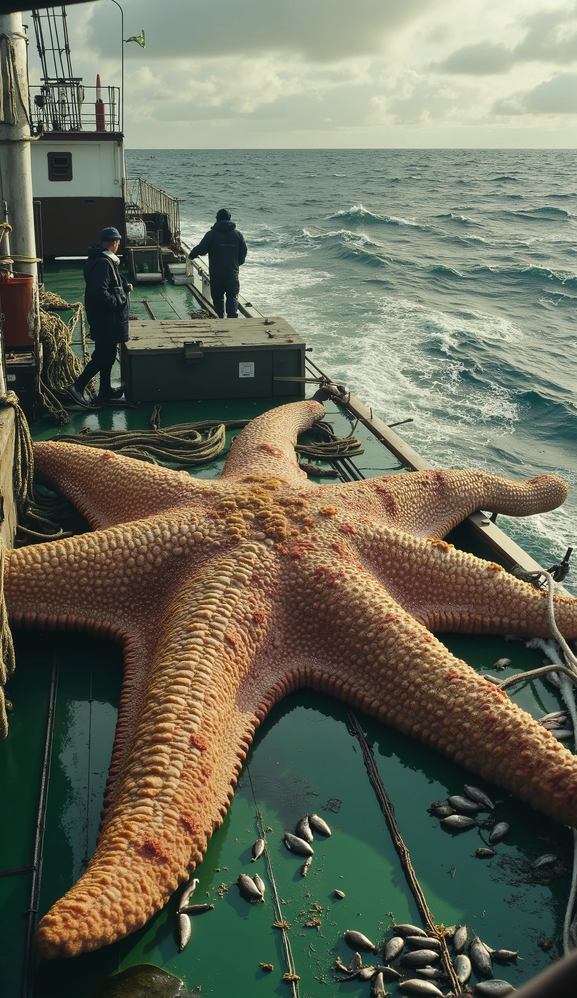 A hyper-realistic scene on the deck of a fishing boat in the middle of the ocean, with rough waves crashing against the hull under dark, overcast skies. The focus is on a massive starfish sprawled across the wet, glistening green deck. Its enormous, five-armed body is covered in rough, bumpy textures, shimmering in shades of deep orange, crimson, and sandy beige. The starfish’s thick, muscular arms stretch across the deck, each lined with rows of tiny, pulsating tube feet that cling to the slick surface. Patches of seawater and marine debris cling to its body, giving it an ancient, otherworldly appearance.

Two fishermen, clad in dark raincoats and heavy boots, stand cautiously near the creature—one gripping a thick rope wrapped around one of its sprawling arms, while the other steadies himself near the railing, staring at the massive echinoderm with a mix of awe and uncertainty. The deck is cluttered with wet ropes, tangled nets, and scattered fish, with seawater pooling around as relentless waves crash against the sides of the boat, creating a surreal and dramatic atmosphere.







