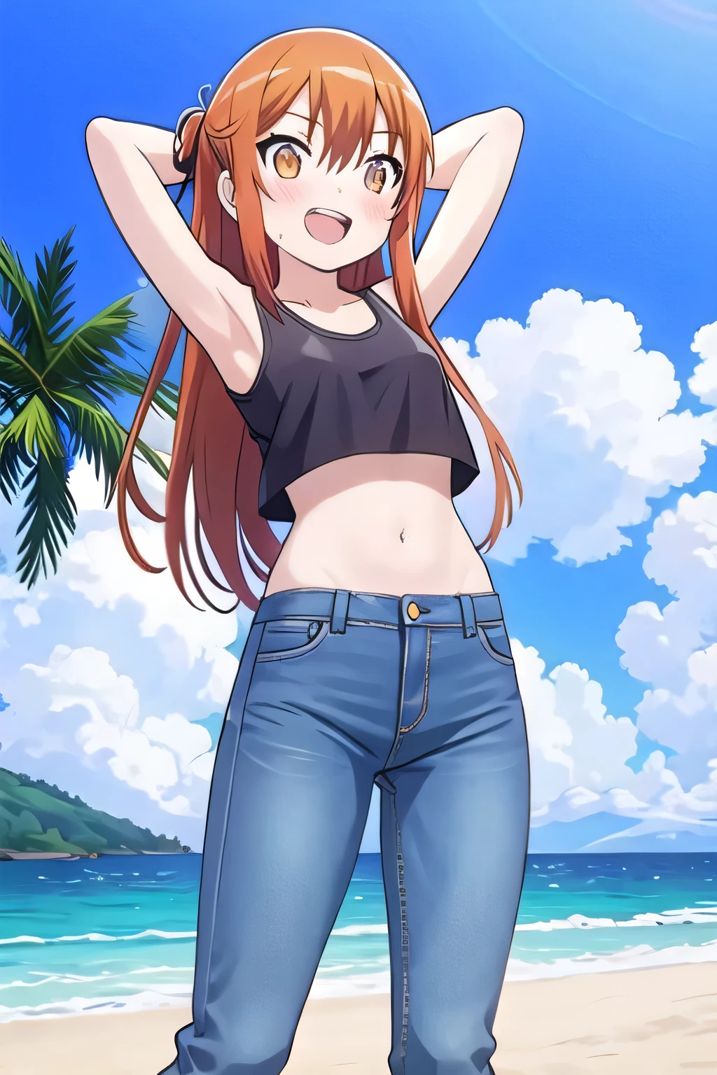 one girl, long wavy hair, orange hair, dark blue eyes,big breasts,(seductive smile,clenched teeth),black bikini top only,denim shorts,(hands on hip),city,pov from front,shining body,solo focus
