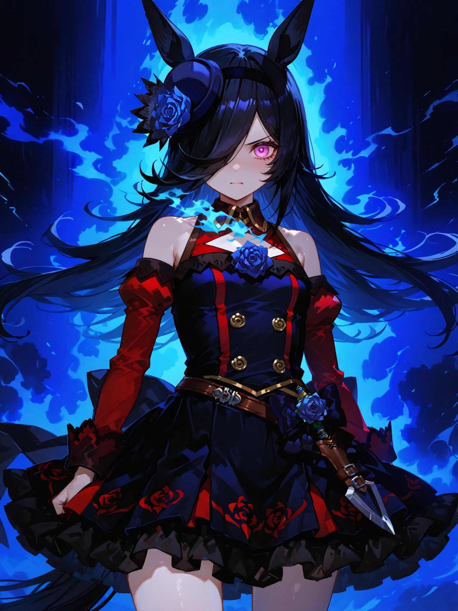 Rice Shower (Uma Musume), left eye surrounded by swirling blazing blue flame effects with crackling sparks and radiant energy, right eye completely covered by long black hair, wearing her race outfit, black frilly dress with blue rose accents, short skirt, red sleeves, black jockey accessories, intense and determined expression, surrounded by a cool dark blue aura, swirling fighting spirit, hair and outfit flowing with wind, moonlight racetrack in the faint background, cinematic lighting, anime style, highly detailed, 4k resolution, blazing blue flame effects:2.0, detailed flame aura:1.5