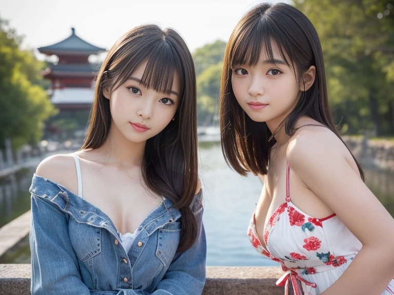 (2girl), enchanting smile, (extremely detailed beautiful face), (highly detailed eyes, highly detailed face), (mid bob hair), (bikini, cleavage), Fresh, very clean appearance, (best Quality:1.4), (hyper-realistic, hight resolution), Professional Photography, beach, palm trees, standing, Outdoors, (beach), beautiful bule sky, Close up portrait of girl, hoodie with open chest, staring at me,