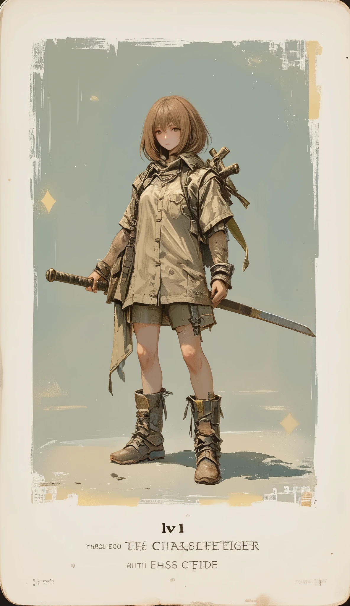A game card, the weakest character,  a female character, 'LV 1' printed on the game card,a small character card, a shabby sword, shabby equipment, a single star, a plain colored card,