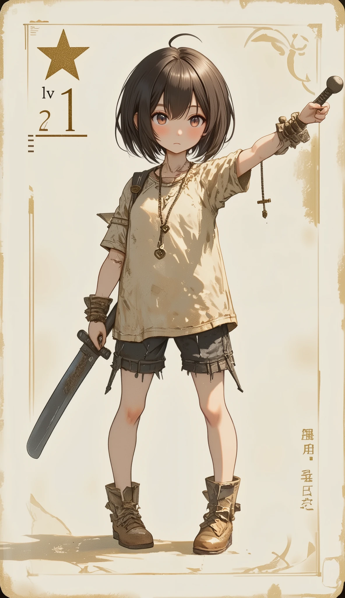 A game card, the weakest character, a female character, 'LV 1' printed on the game card,a small character card, a shabby sword, shabby equipment, a single star, a plain colored card,