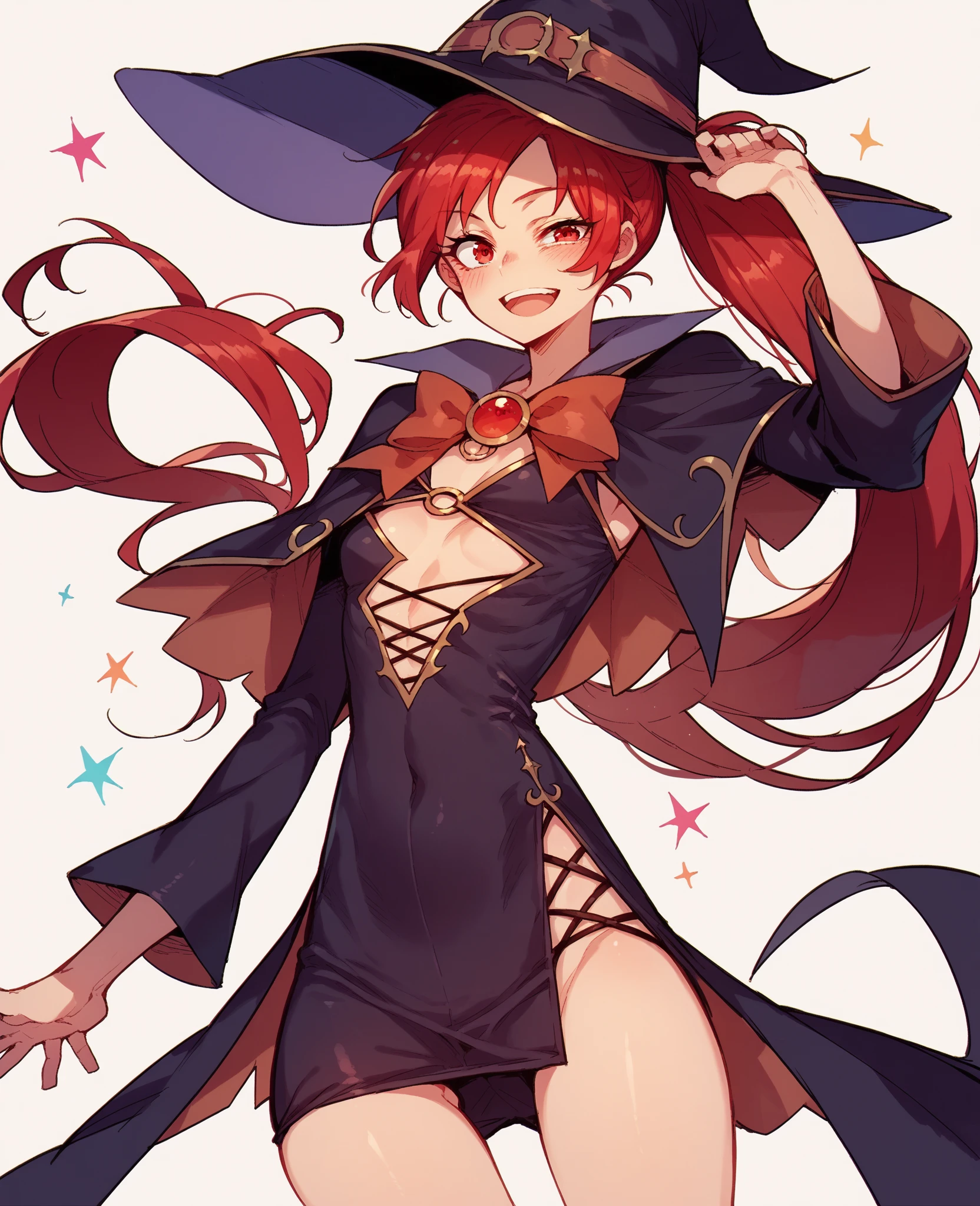 grass wonder \(umamusume\), 1 girl, solo,1girl, solo, long hair, breasts, looking at viewer, blush, smile, large breasts, thighhighs, gloves, hat, navel, tail, full body, yellow eyes, pink hair, red hair, detached sleeves, one eye closed, wings, glasses, elbow gloves, black thighhighs, grin, high heels, witch hat, demon girl, demon tail, demon wings, cleft of venus, pink-tinted eyewear big hole、((((Butt is big))))((((Butt))))((((Butt has a lot of meat))))((((sexly))))((((Little devil smile))))