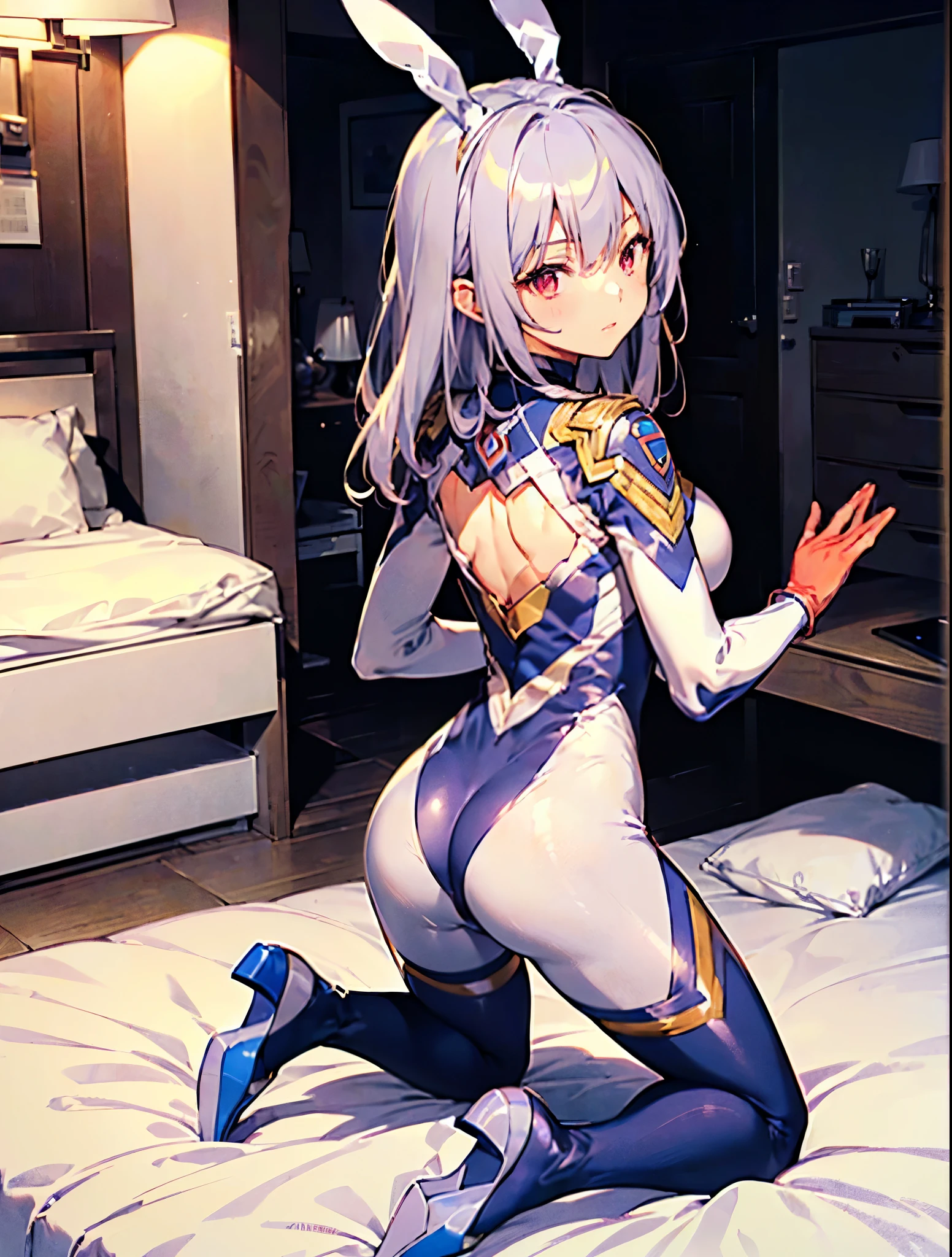 highest quality,sleep on your back in bed，Crab ??????，show me your boots，Leotard sneak peek，glove，elegant, 1 girl, ultraman bodysuit ，cute, blushed, looking at the viewer, from below, prison，blue eyes, beautiful eyes, beautiful background, particles of light, Light of the sun, dramatic lighting, outside, shiny, realistic, table top, highest quality, Super detailed, get used to it, scenery, beautiful and detailed eyes, thin hair，full body shot，